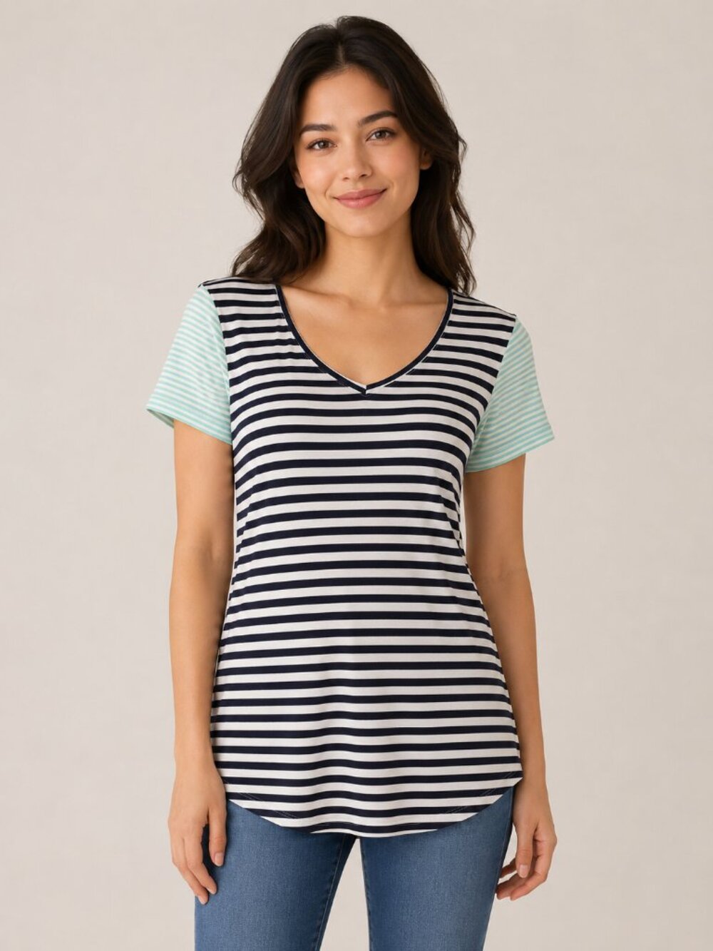 3/$20 Bundle 🌈 SO Perfect V-Neck Striped Colorblock Tee Women’s XS